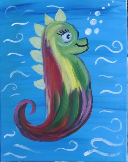 Colorful cartoon seahorse with bubbles on a blue background.