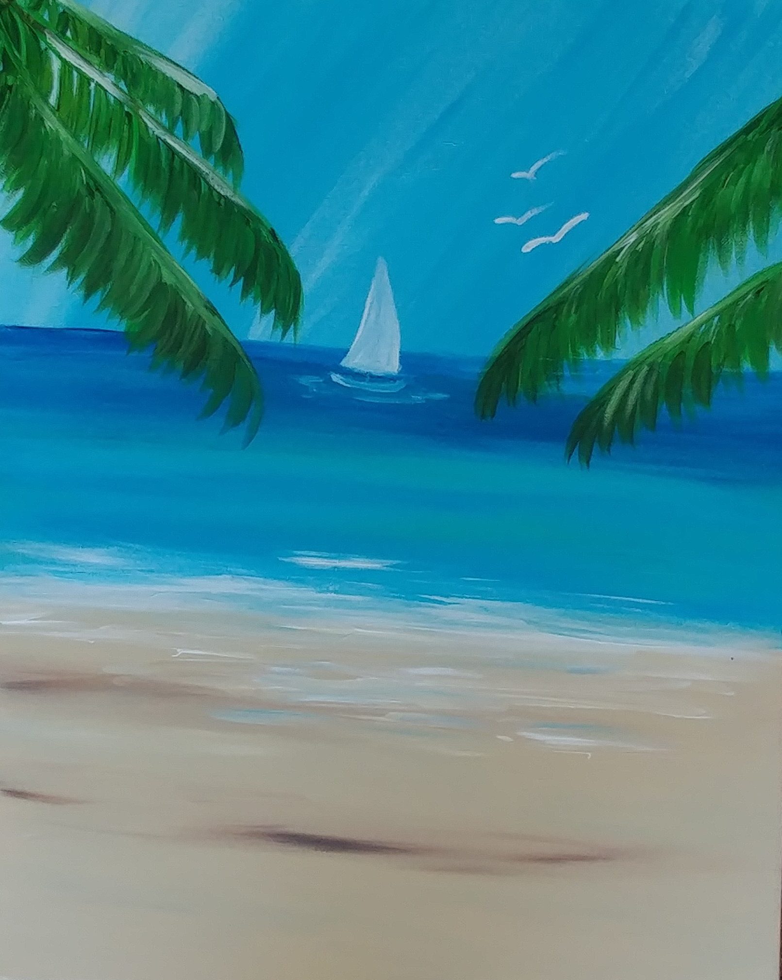 Beach painting with palms and a white sail boat. 