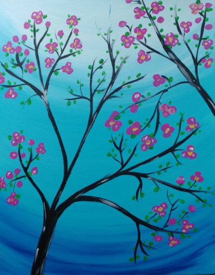 Painting of a flowering tree with pink blossoms against a blue background.