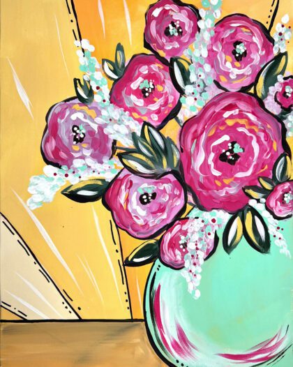 Bright pink flowers in a turquoise vase against a yellow background.
