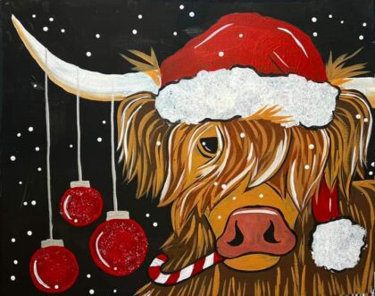 Festive highland cow wearing a Santa hat with Christmas ornaments and candy cane.