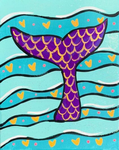 Colorful mermaid tail with golden scales in blue waves with yellow hearts.
