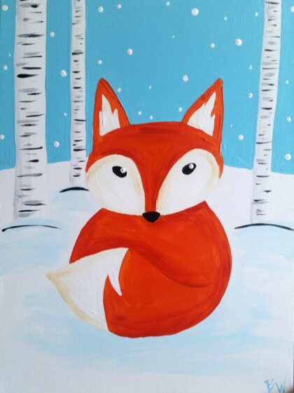 A cute fox curled up in a snowy forest with birch trees and falling snowflakes.